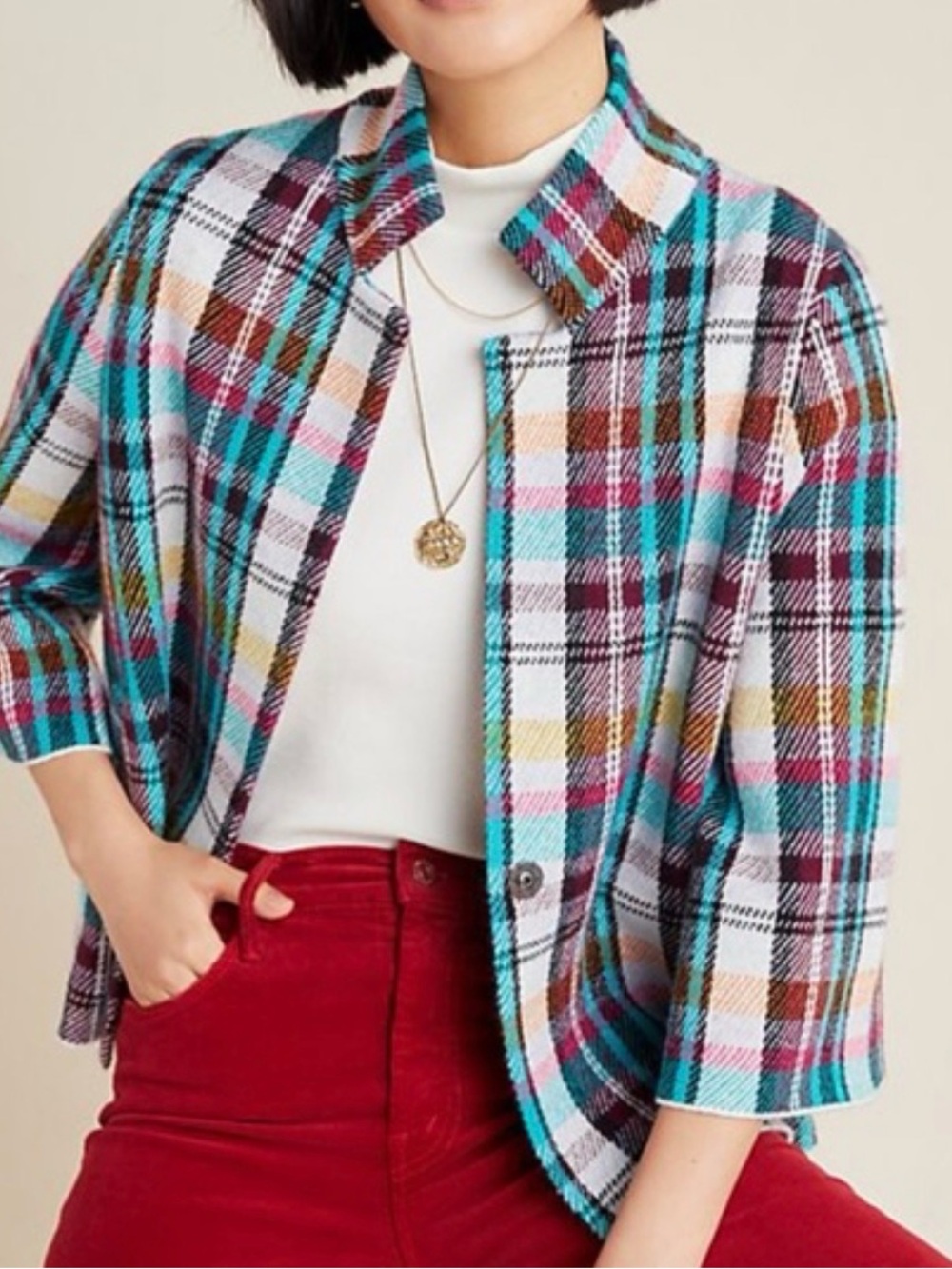 Anthropologie Plaid Knit Blazer Womens L Multicolor One Button 3/4 Sleeve Jacket